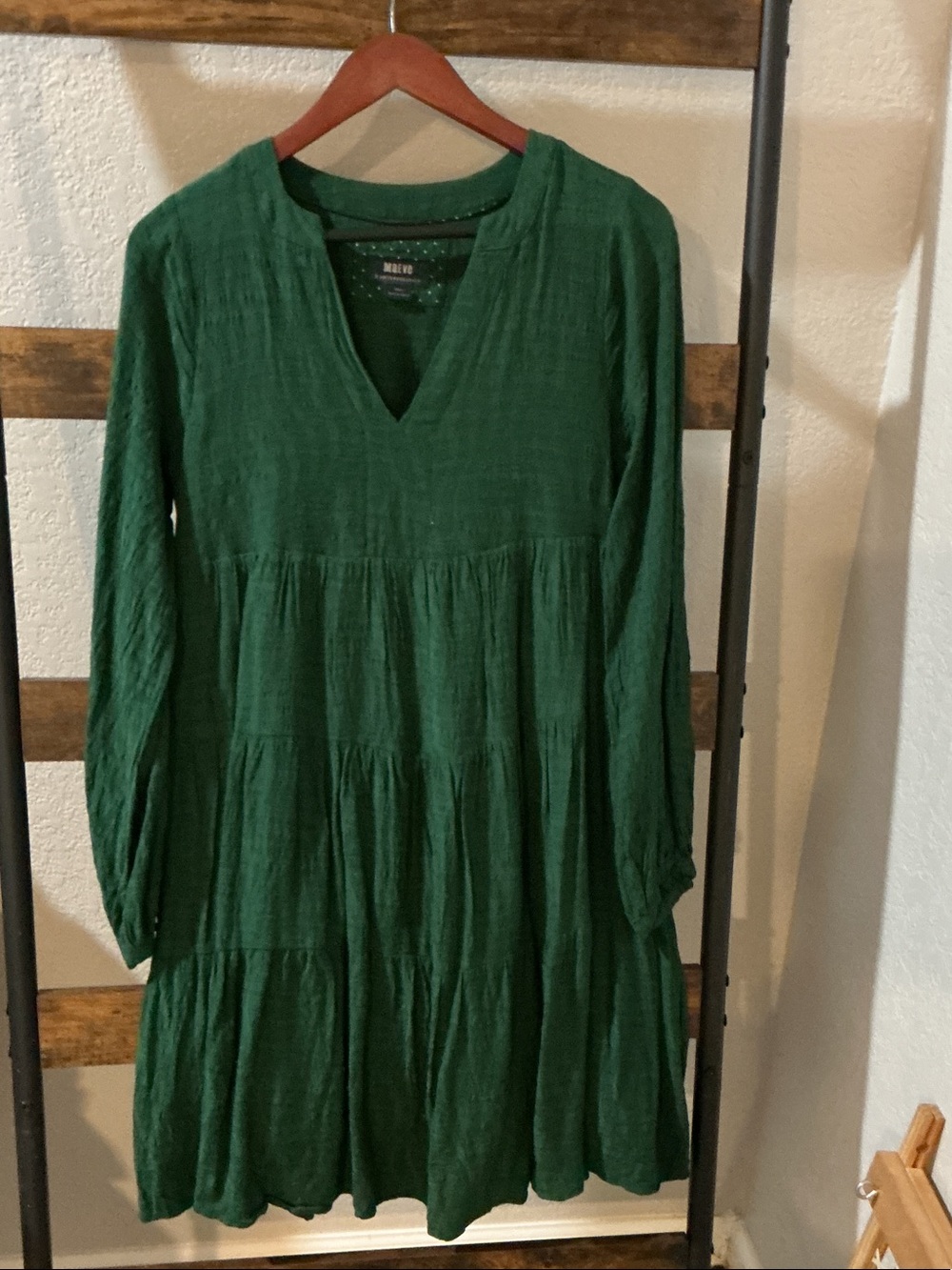 Mango Deep Green Long Sleeve Tiered Dress